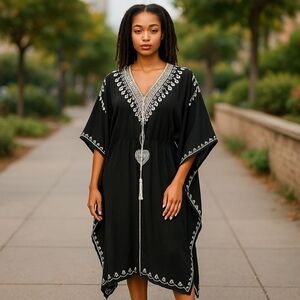 Soft Surroundings sz large/X large black cotton blend caftan dress white embroid